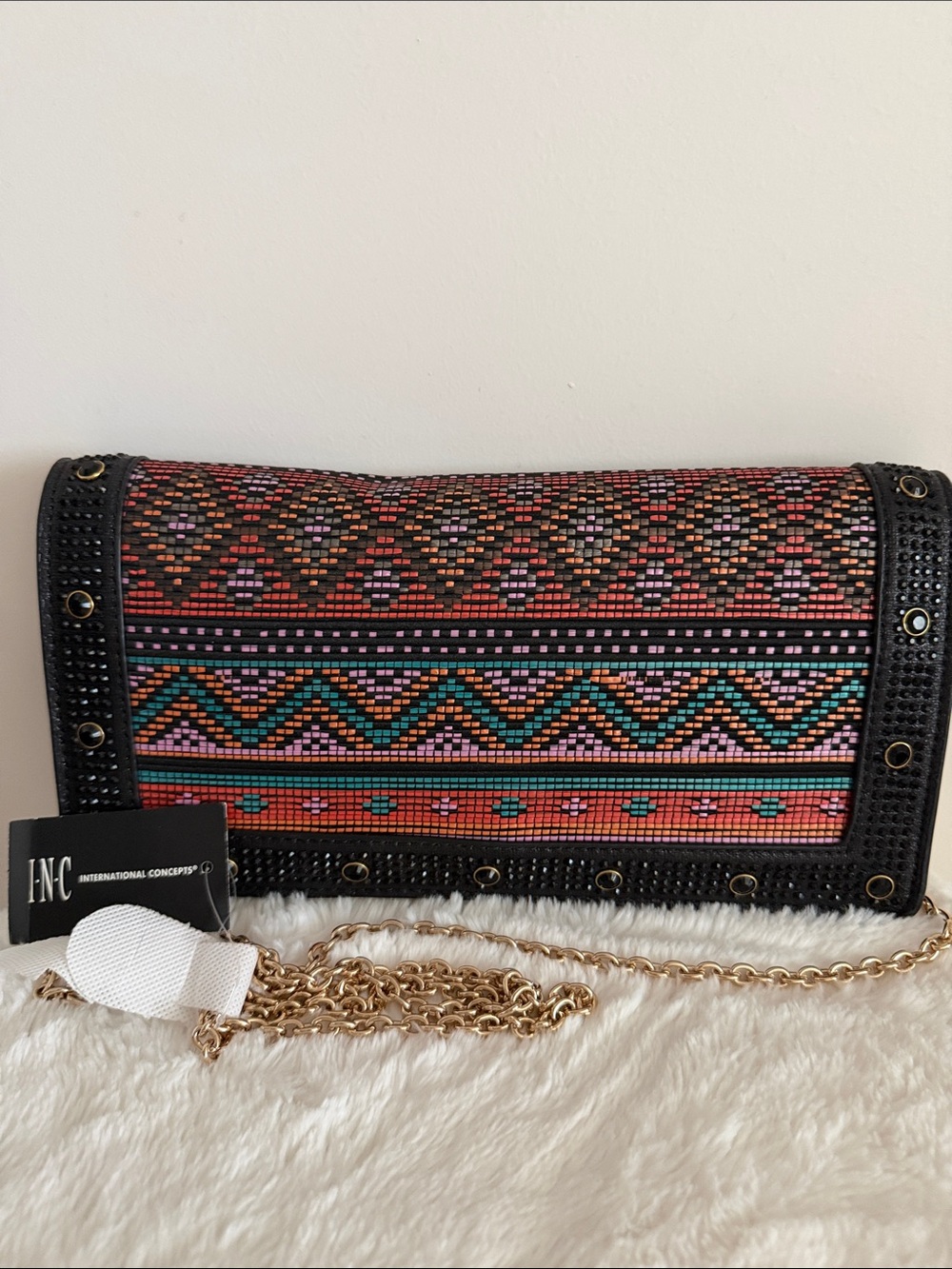 INC International Concepts Multicolor Beaded Foldover Clutch with Black Trim